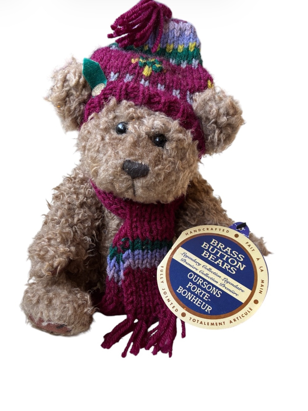 Vintage 90s Brass Button Bears NWT Dooley Plush Teddy Bear Knit Hat & Scarf NEW